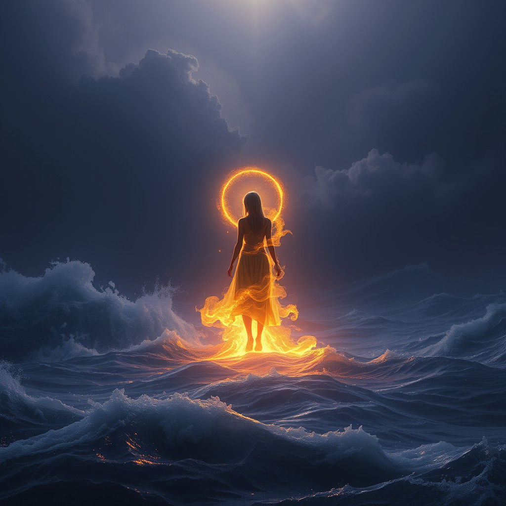 Ethereal Woman Against Dark Sea, Inspired by Rutkowski