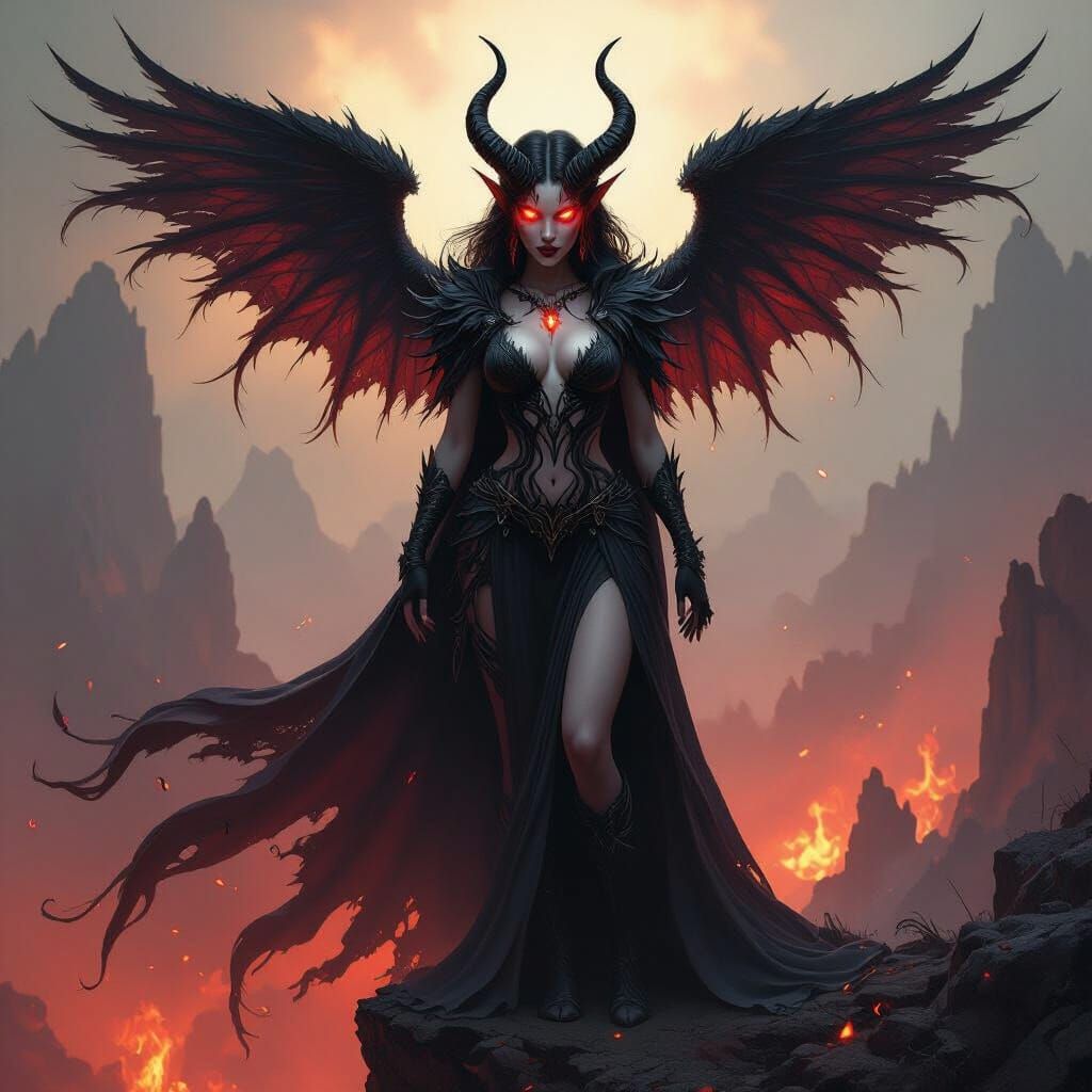 Succubus Demon Overlooking Fiery Landscape