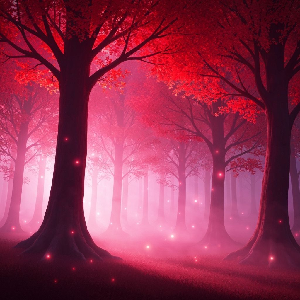 Enchanted Red Forest with Ethereal Glowing Fog