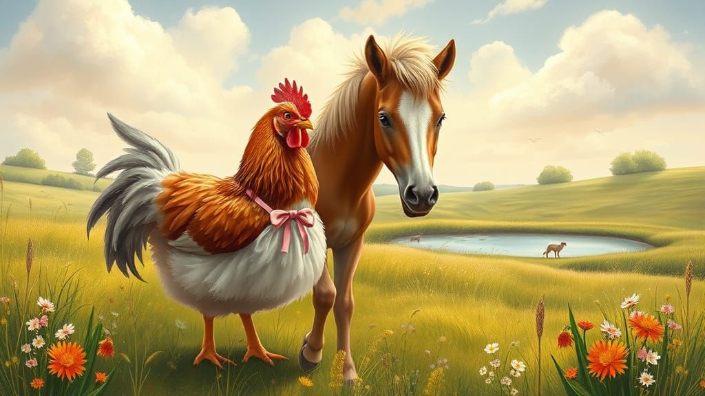 Chicken in Sundress & Baby Horse on Farm