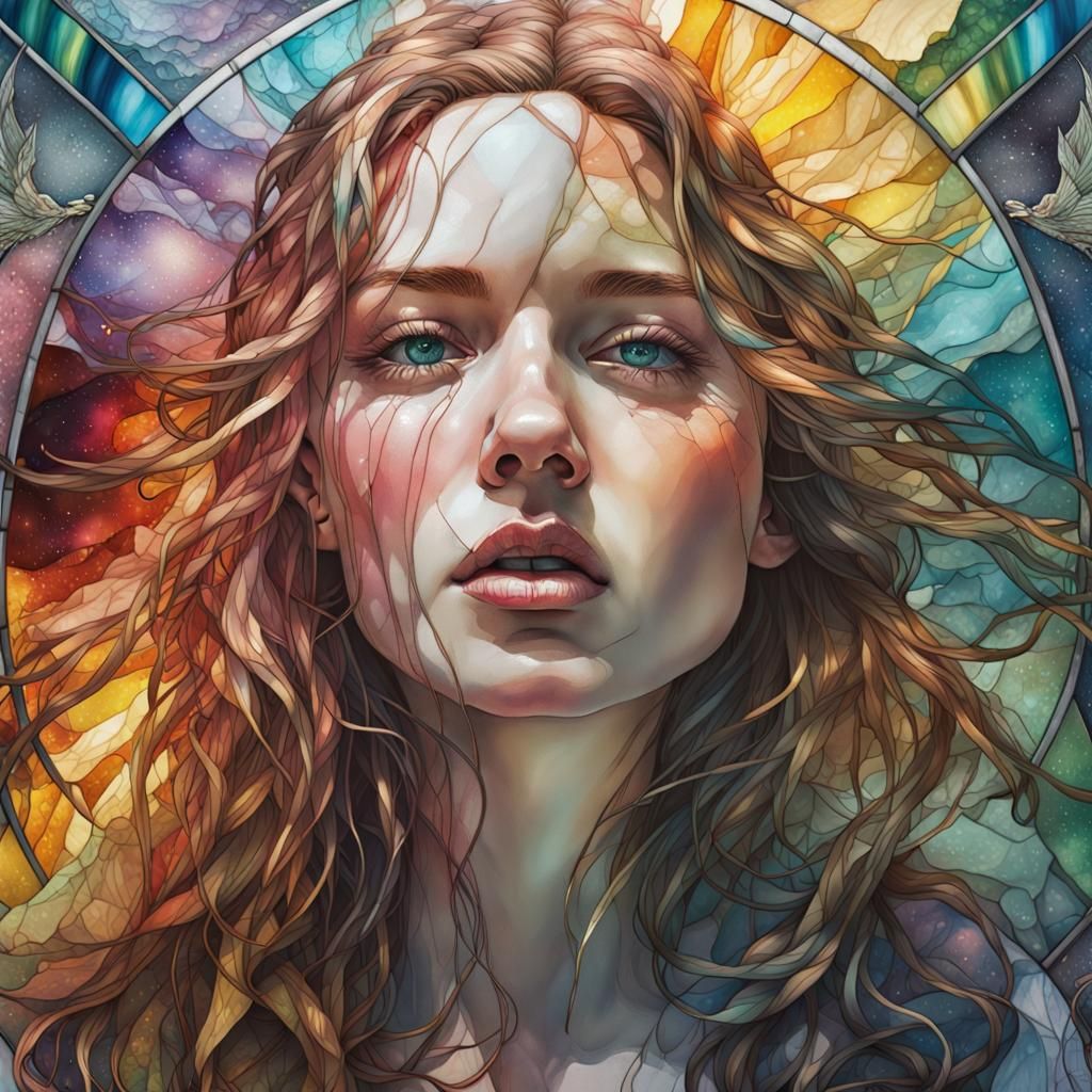 Cosmic Rainbowscape Stain Glass in Hyper-Realistic Style