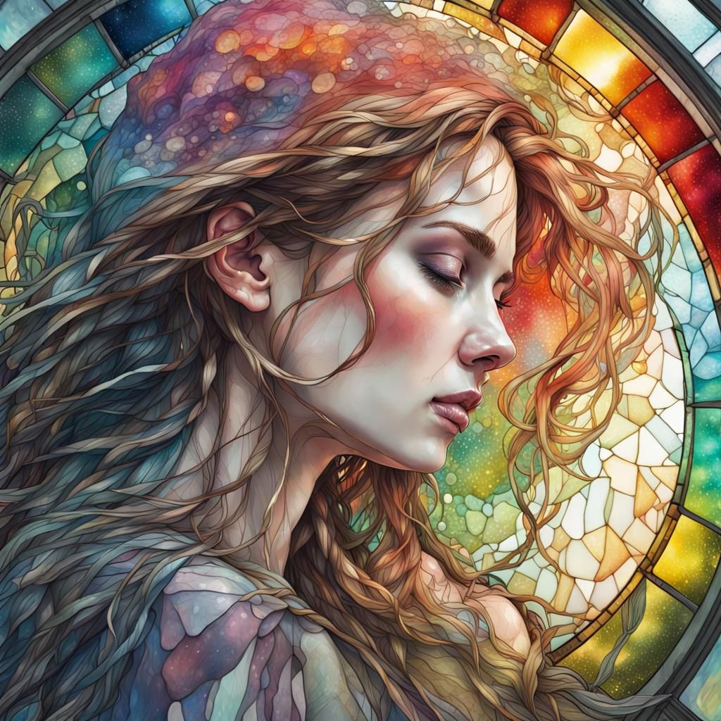 Detailed Hyper-Realistic Stained Glass Cosmic Dreamscape