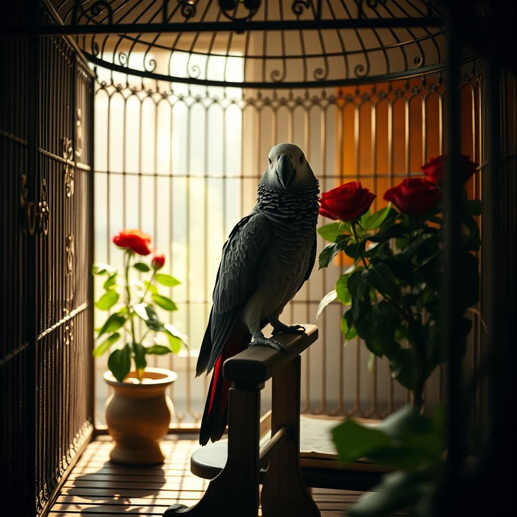 African Grey Parrot in Ornate Cage: Cinematic Still