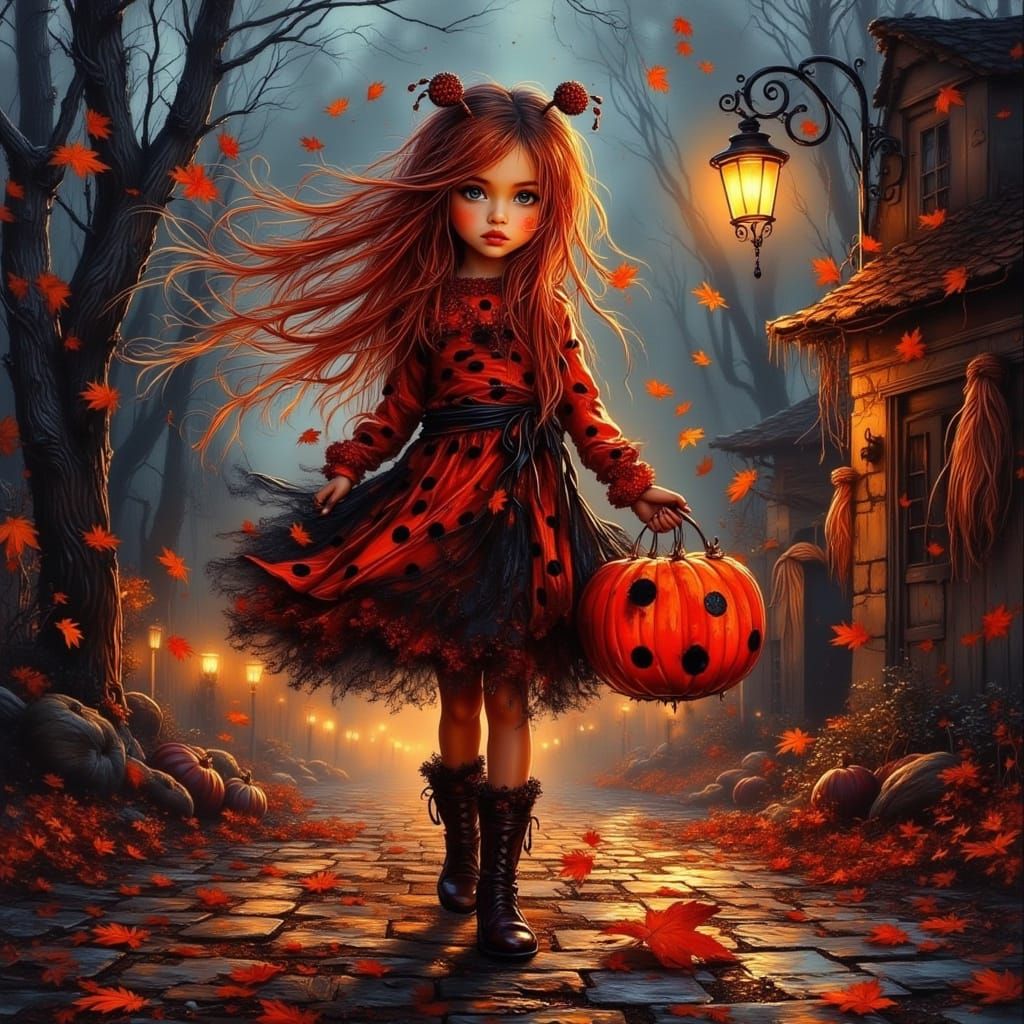 Enchanting Girl in Ladybug Costume Chasing Ghosts on Hallowe...