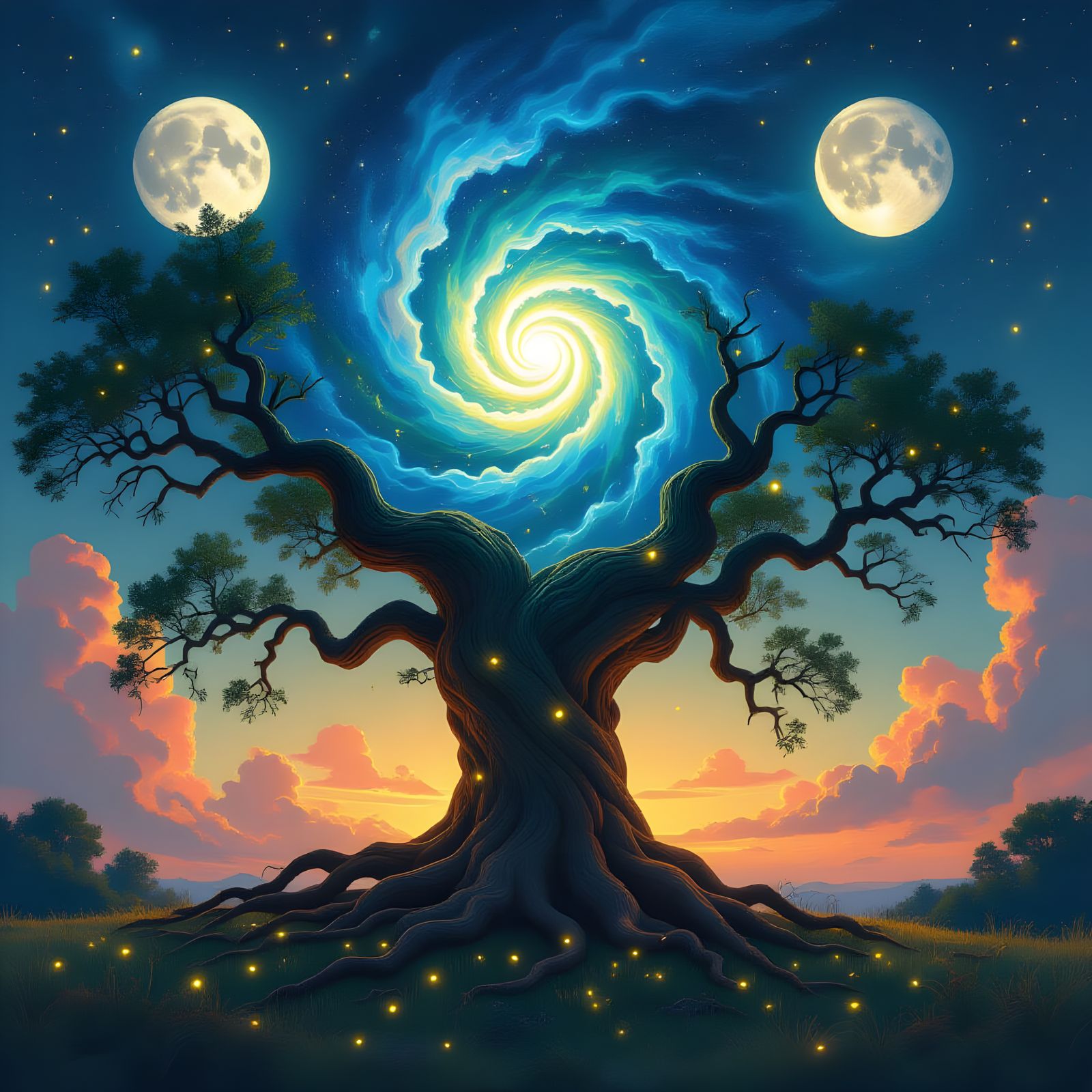 Cosmic Oak Tree with Twin Moons