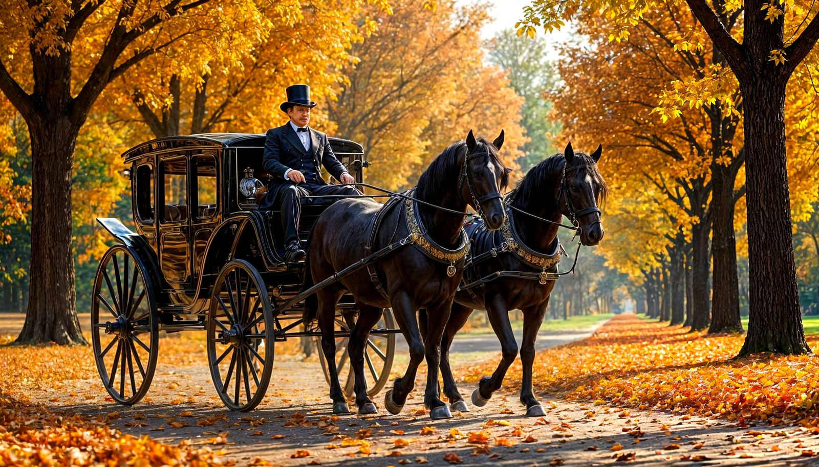 Black Horse Carriage on Autumn Path as Splash Art