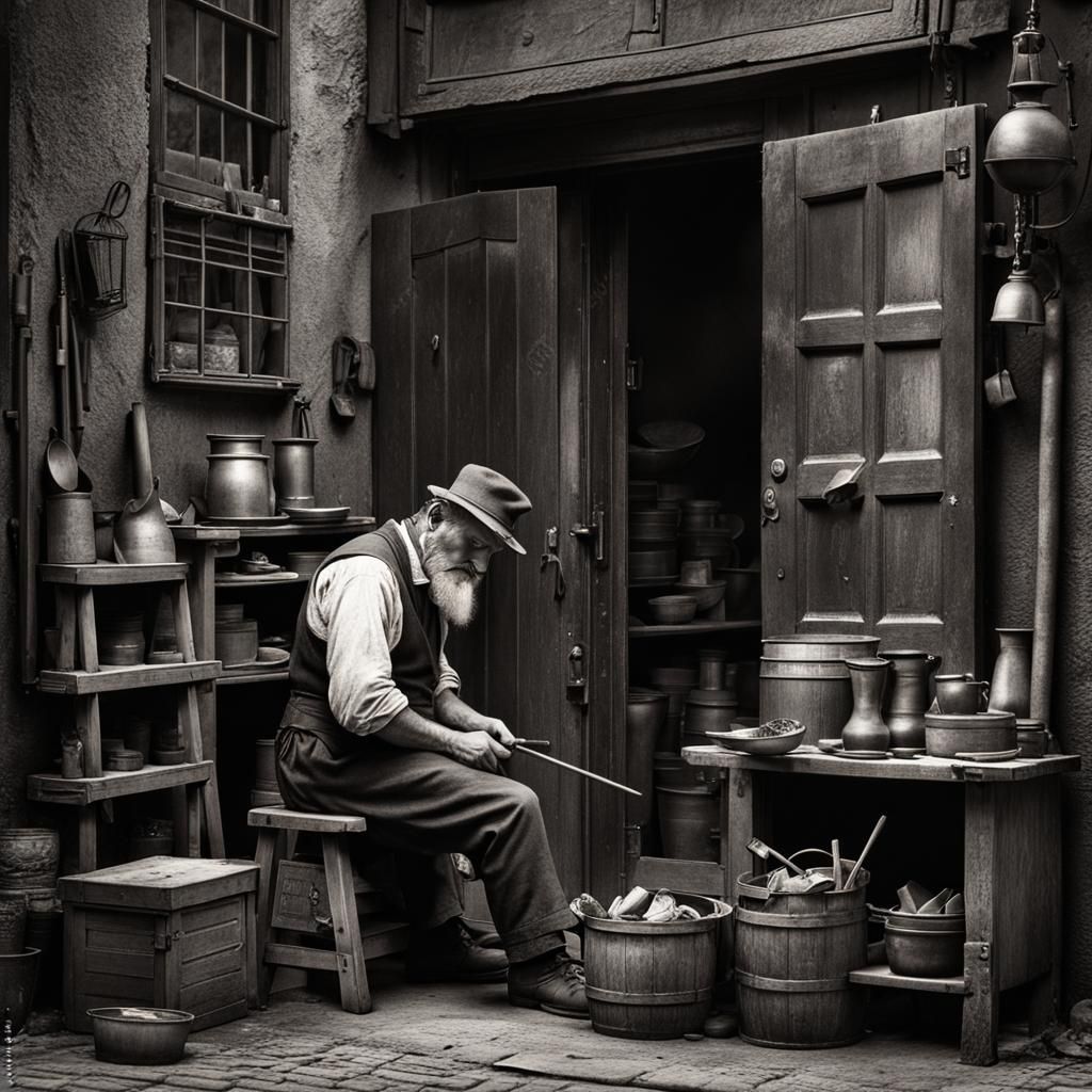 19th Century Cobbler's Alley Shop: Black and White Sketch