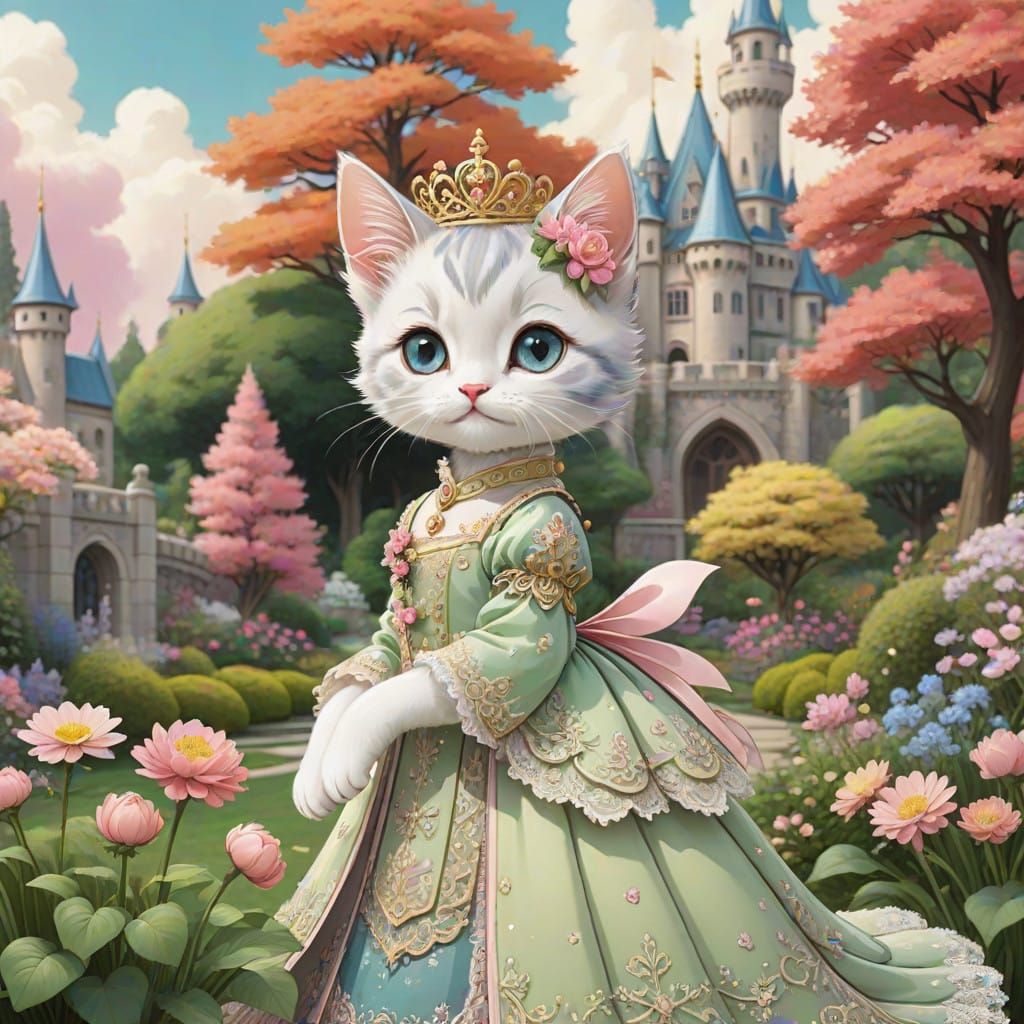 Anime-Style Kitten in Royal Regalia Poses in Garden and Cast...