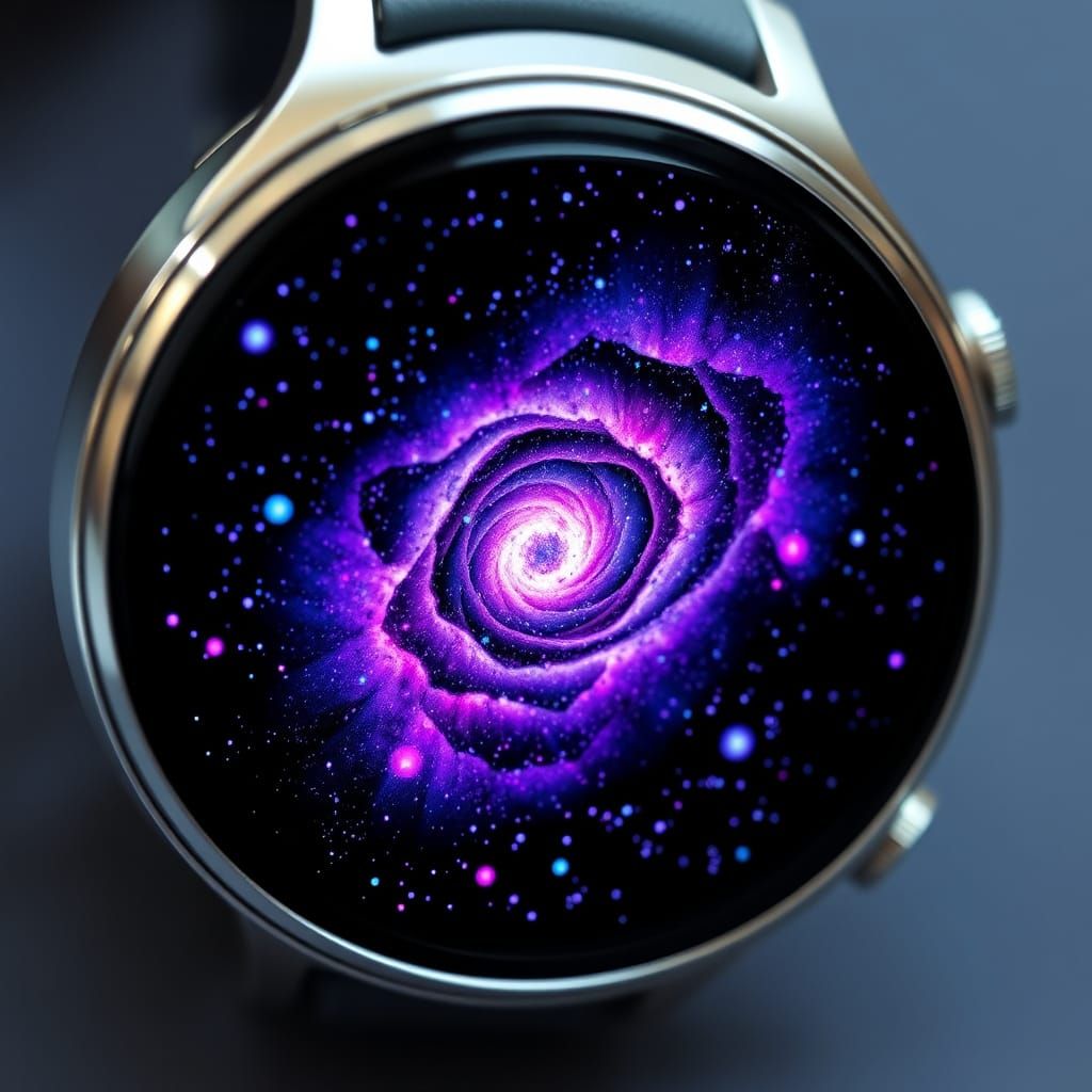 Galaxy Swirling Inside Smartwatch Face in Digital Art Style
