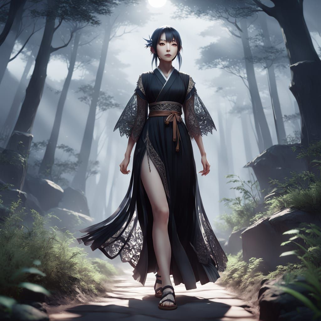 Ethereal Asian Woman in Moonlit Forest, Anime-Inspired 3D Di...