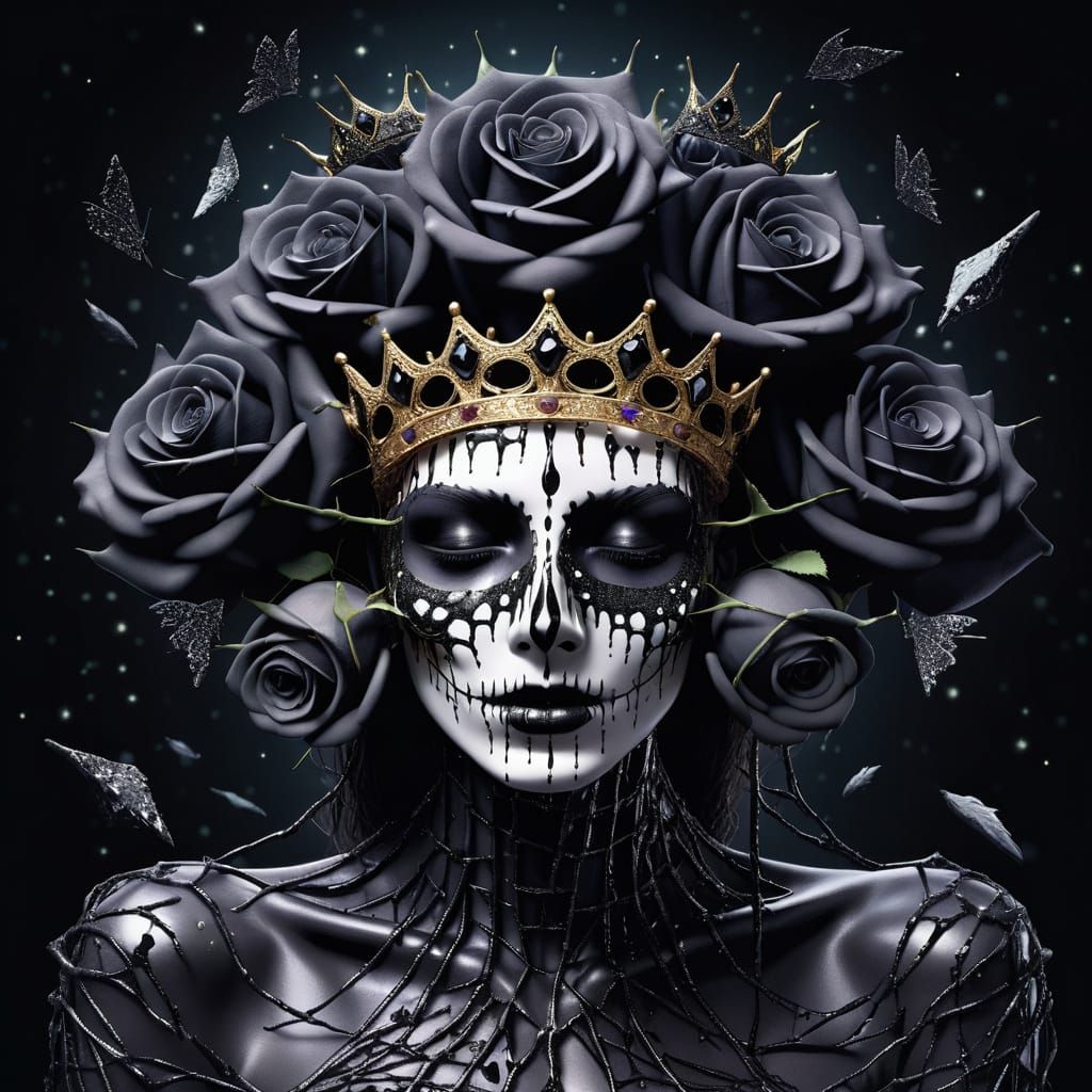Mosaic Avatar of Mortality in a Dark Floral Crown