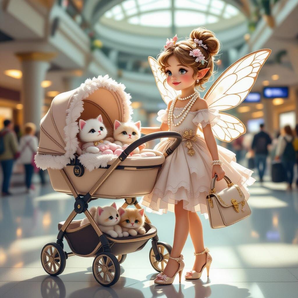 Elegant Fairy Girl with Kittens in Airport, Art Nouveau Styl...