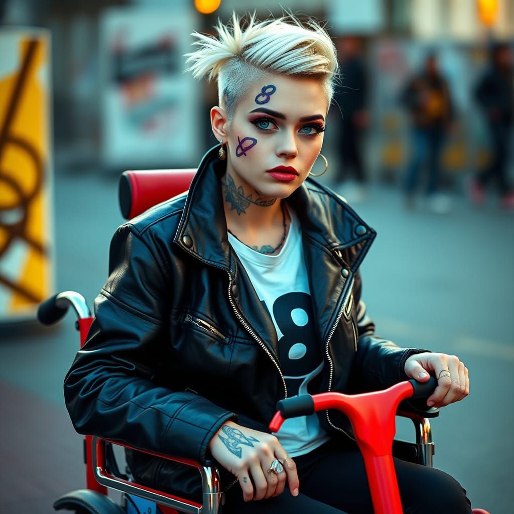 Blonde Punk Woman in Electric Wheelchair with 8 Tattoo and P...