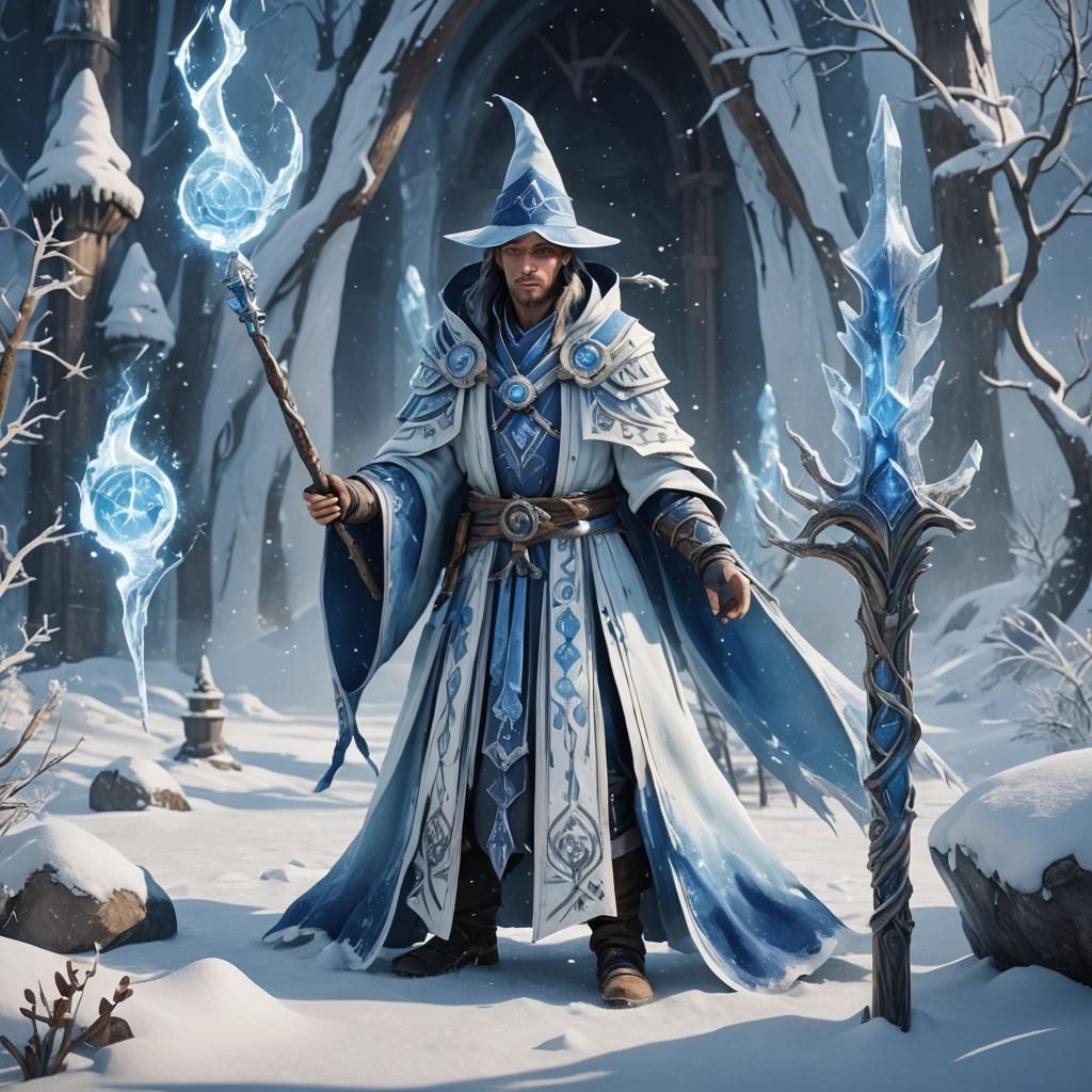 Ice Mage Casting a Spell in Watercolor Style