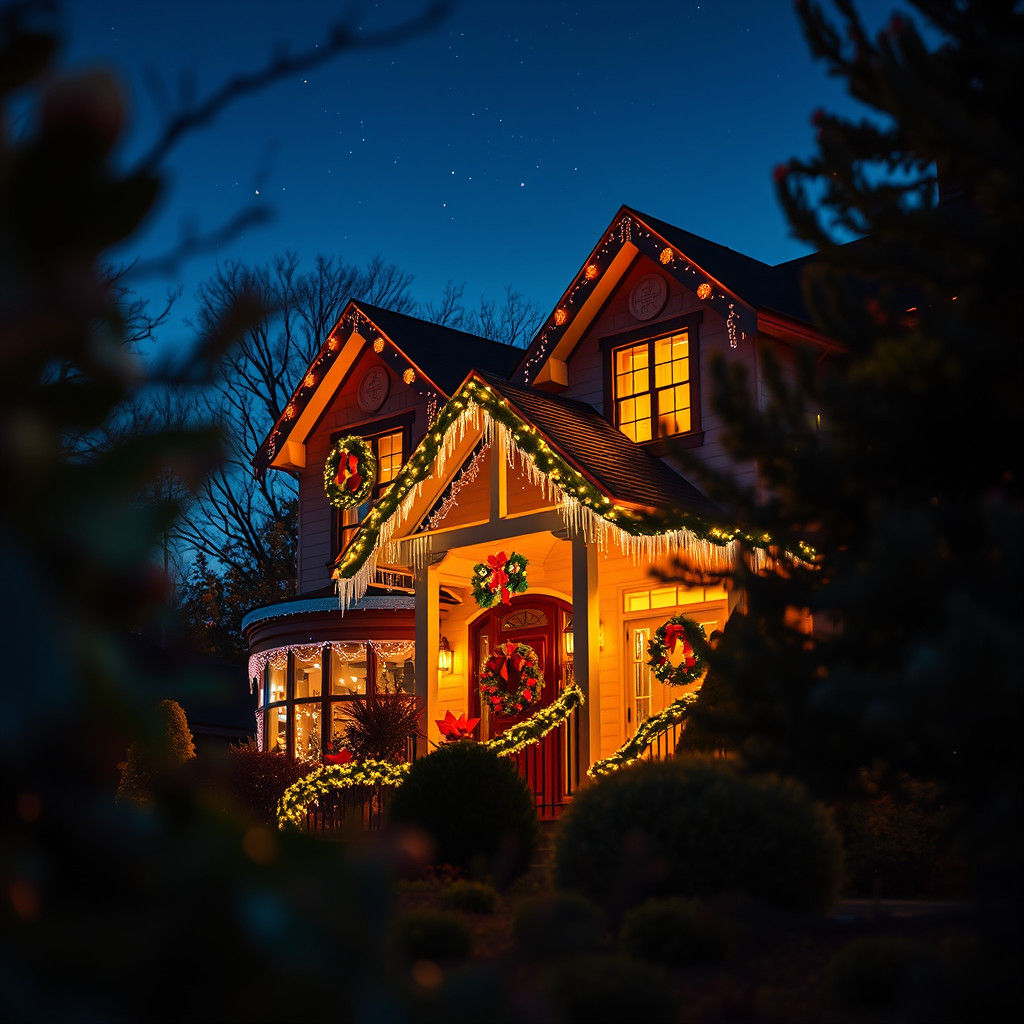 Christmas Lights Adorn Suburban House at Dusk