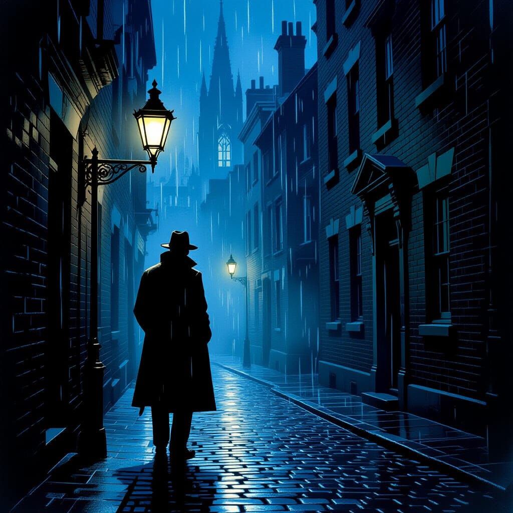 Detective in Shadowy Alleyway with Gas Lamp