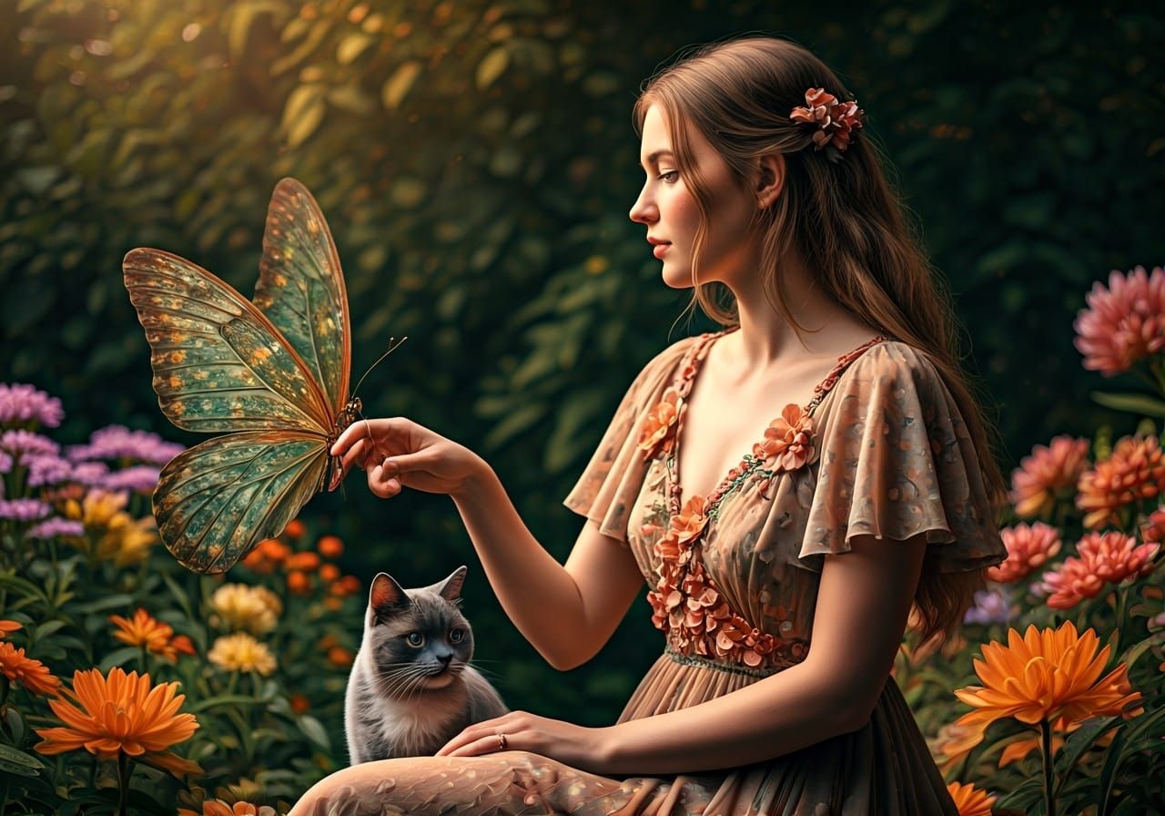 Woman, Cat, and Butterfly Portal to Fairytale Landscape