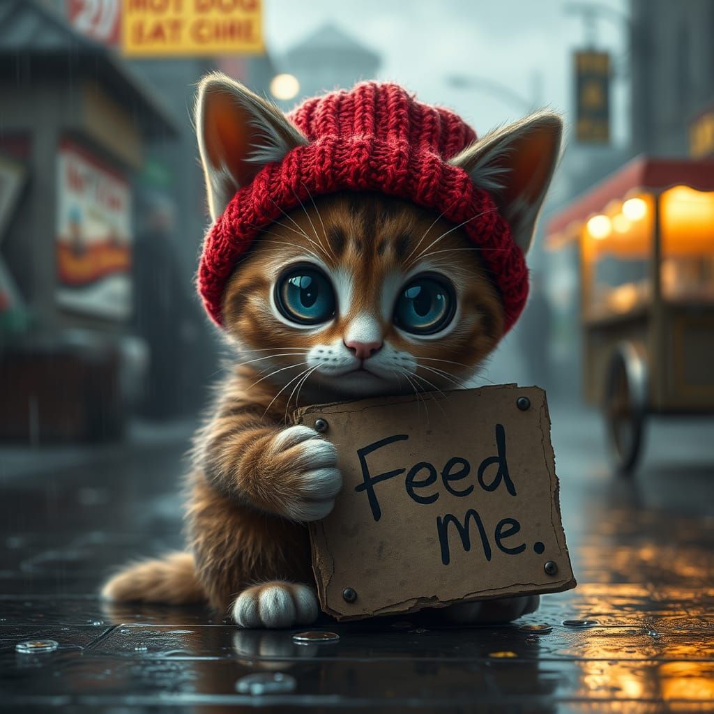 Pleading Kitten in the Rain, Digital Painting