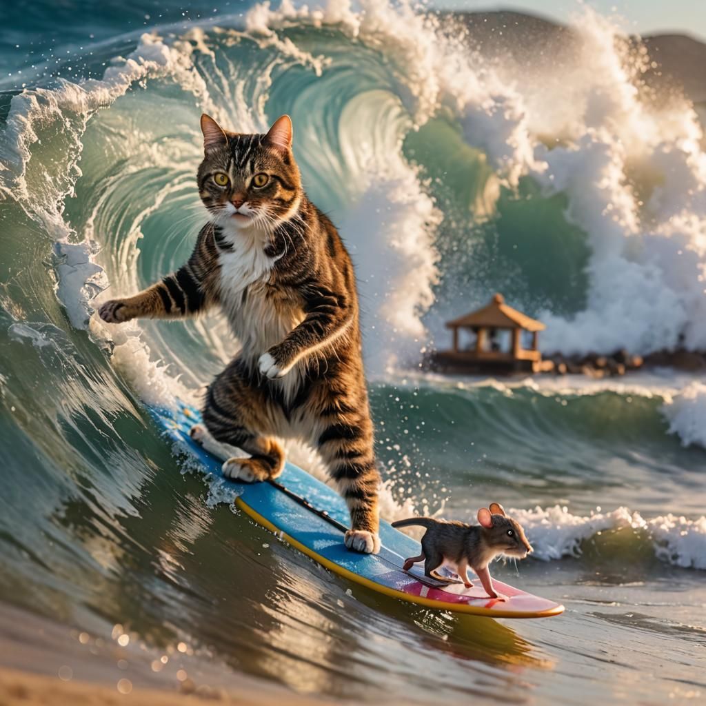 Cat and Mouse Surf a Big Wave