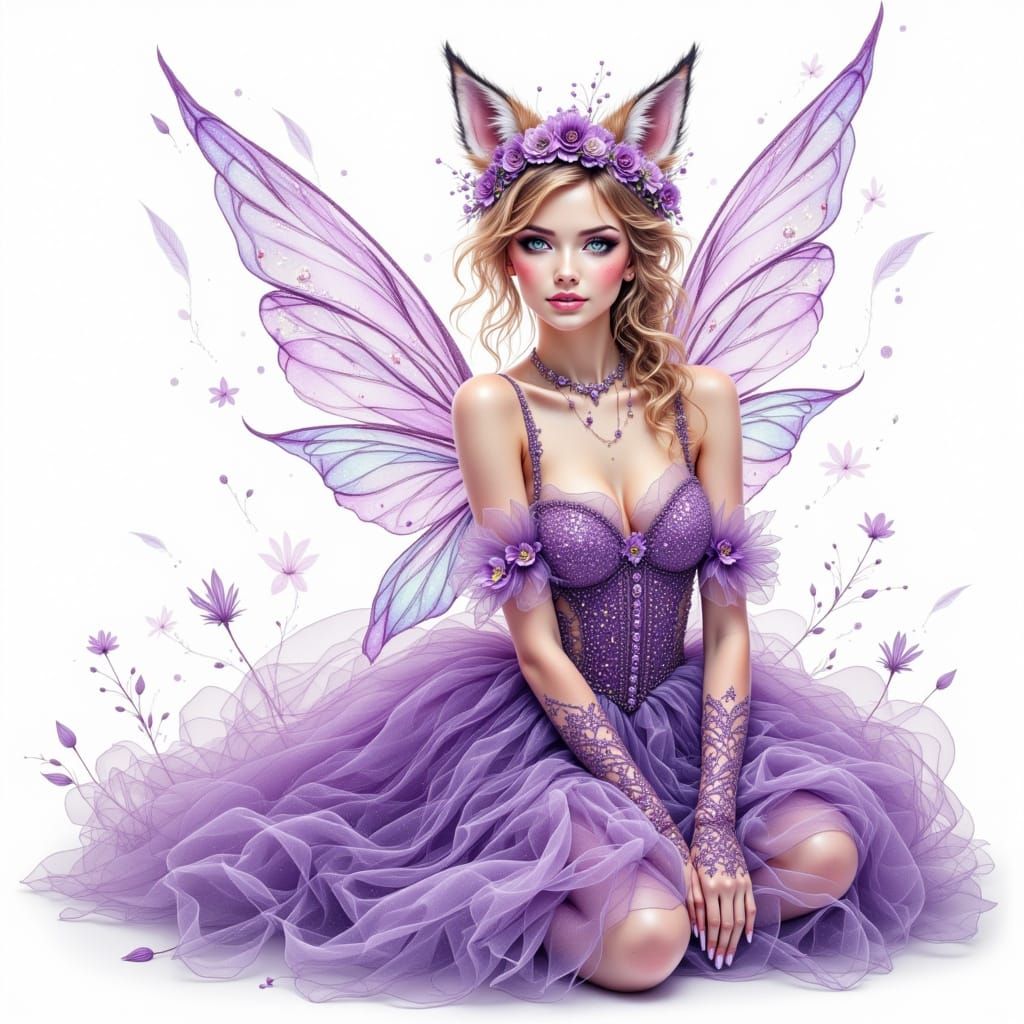 Innocent Dryad Woman with Fox Cub, Watercolor Style