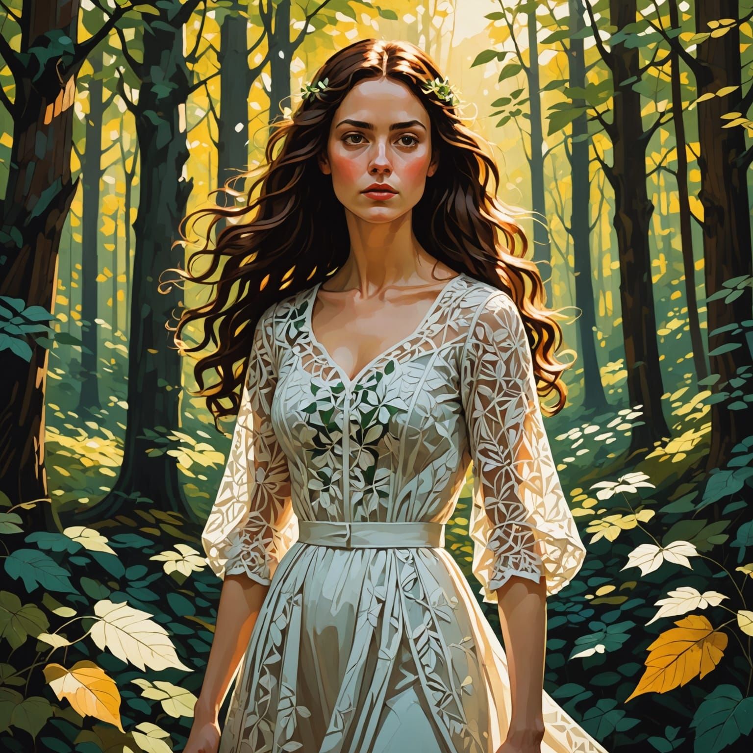 Woman in Forest: Pre-Raphaelite Glitchcore Style