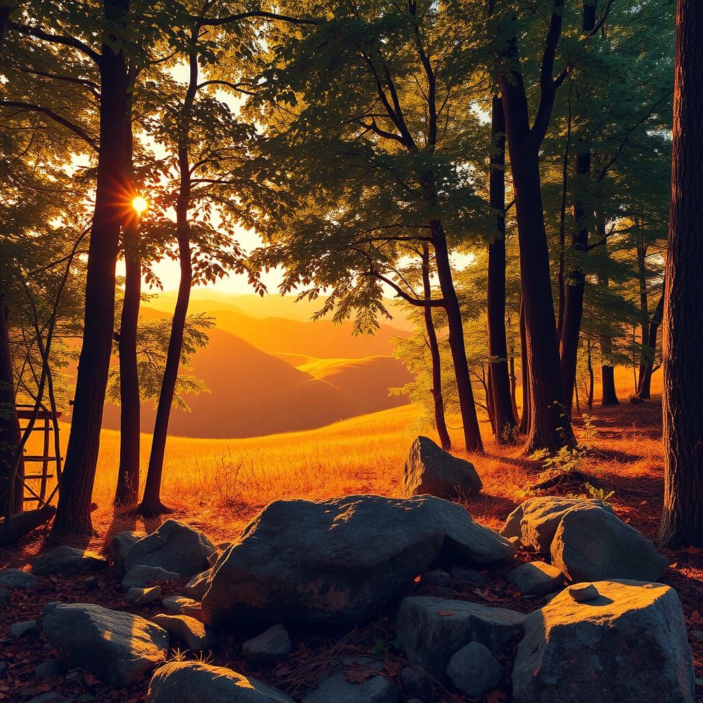 Vibrant Forest Landscape with Graffiti and Sunset Hues