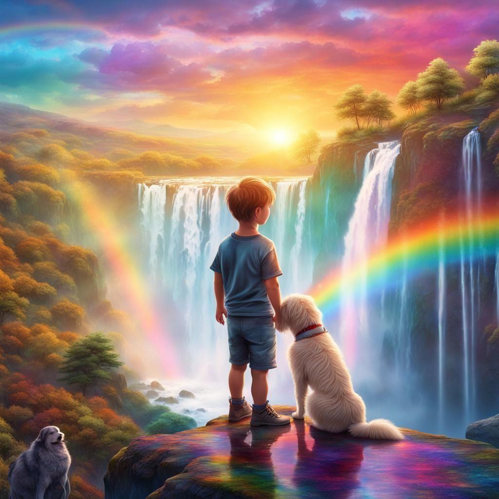 Boy and Dog at Rainbow Waterfall: Cosmic Illustration