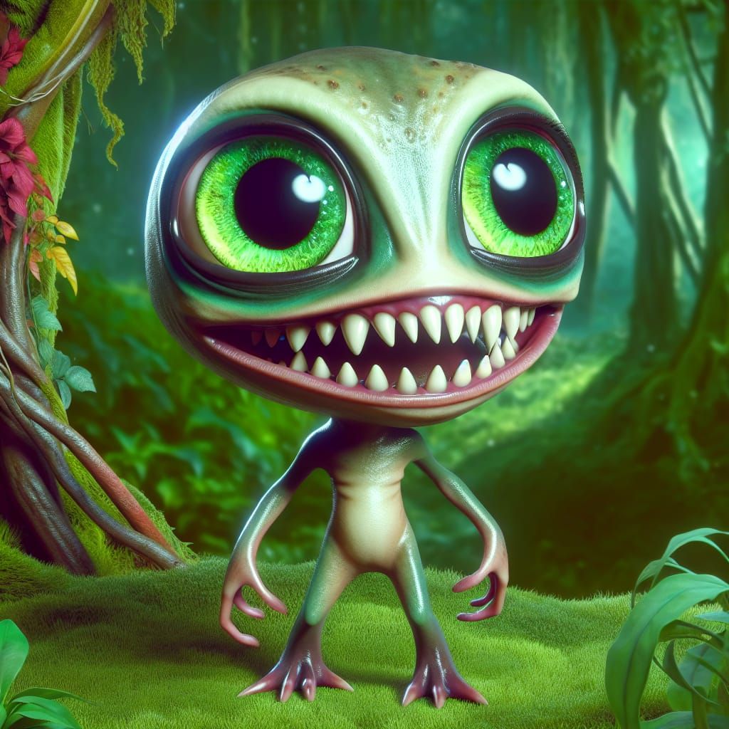 Quirky Creature with Oversized Eyes in Lush Habitat