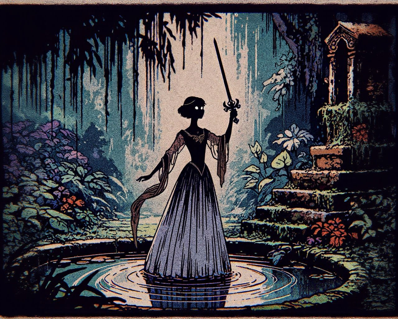 Eerie Three-Eyed Princess with Sword in Abandoned Garden