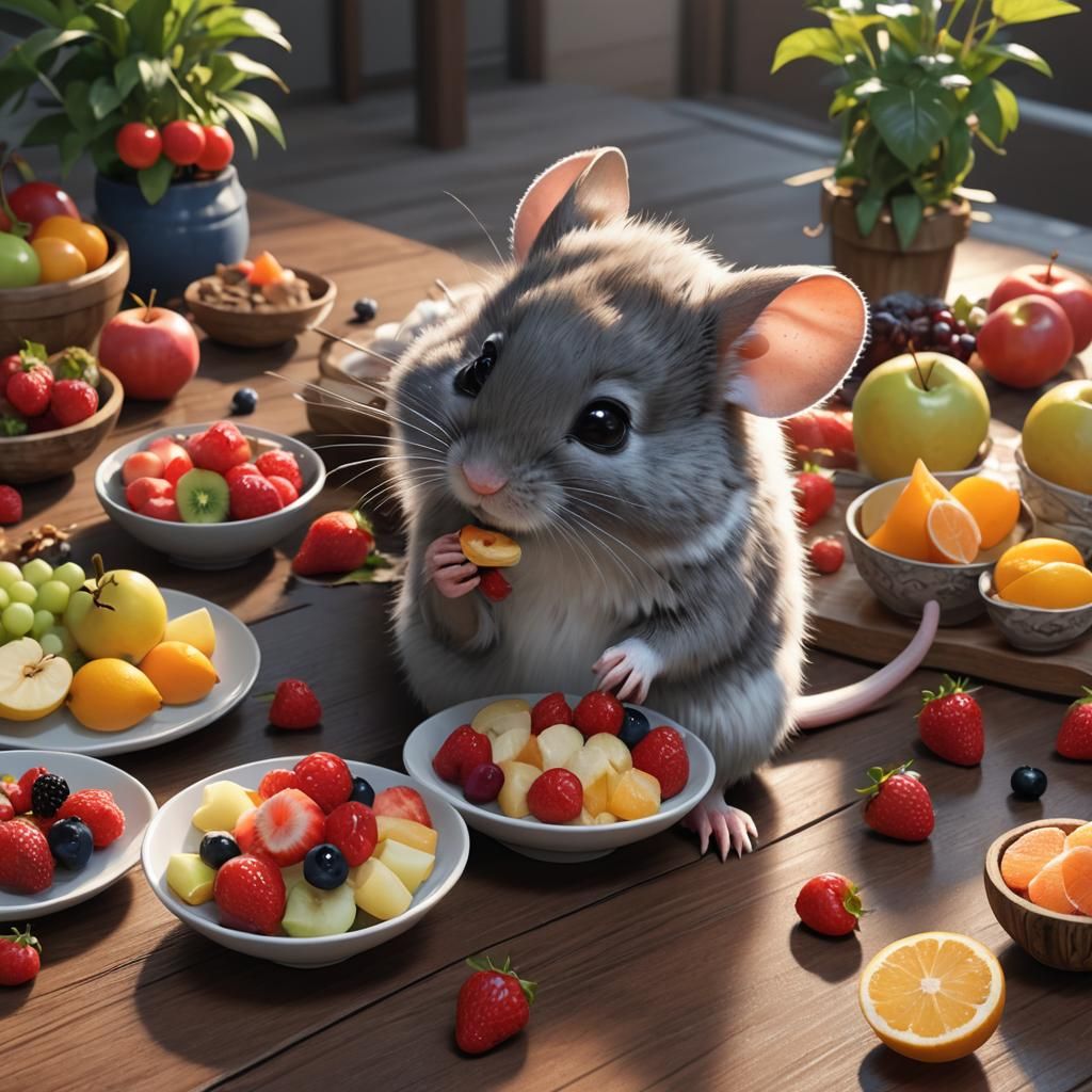 Cute Fluffy Mouse Eating Fruit: 3D Anime Art