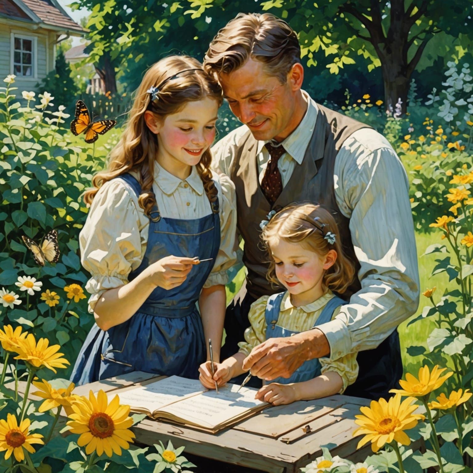 Father and Daughter Gardening in Golden Sunlight