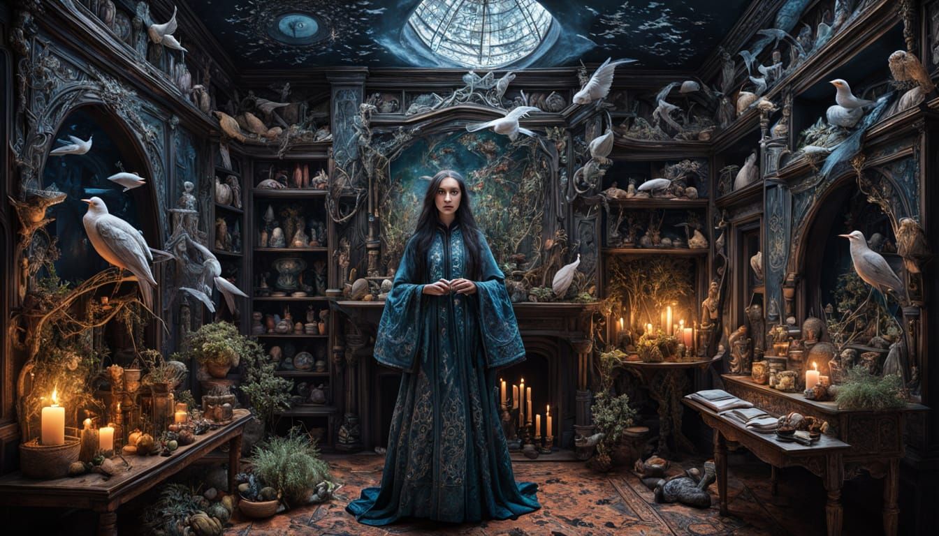 Surreal Sorceress Weaves Magic in Celestial-Laced Chamber