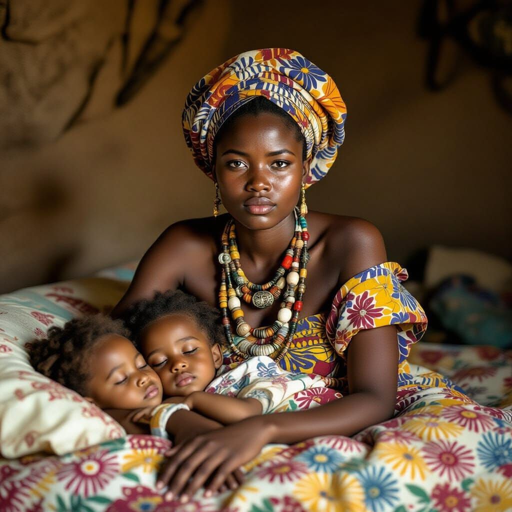 African Woman Guarding Sleeping Twins, Contemporary Art Styl...