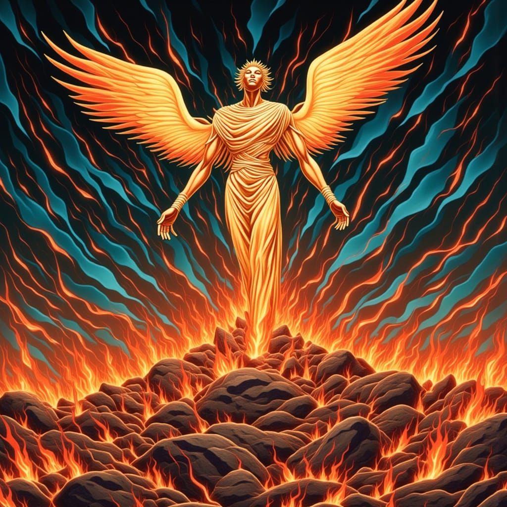 Phoenix Rising from Ashes in Futuristic Style