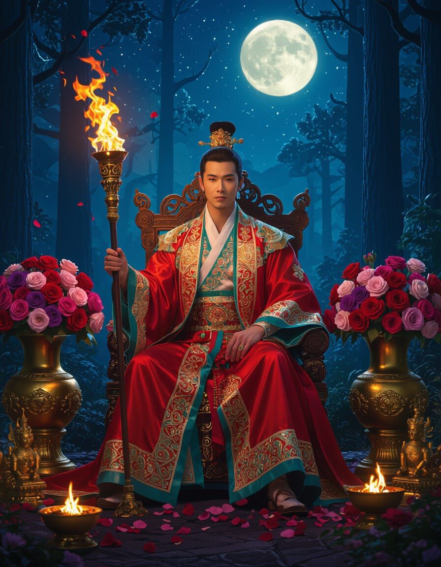 Regal Man in Asian Robes Holds Flaming Torch in Enchanted Fo...