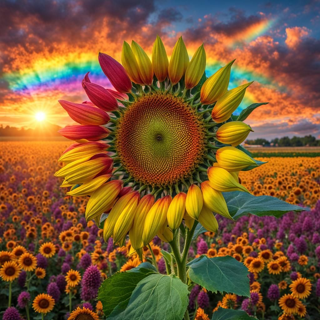 Giant Rainbow Sunflower Field in Hyperrealistic Style