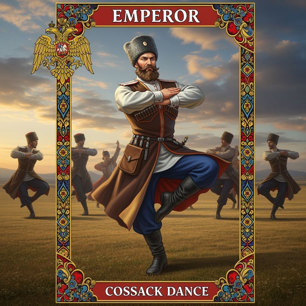a tarot card representing the Emperor using the Cossack Danc...