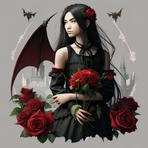 Forlorn Teenaged Girl Half-Dragon Holding Half-Eaten Roses i...