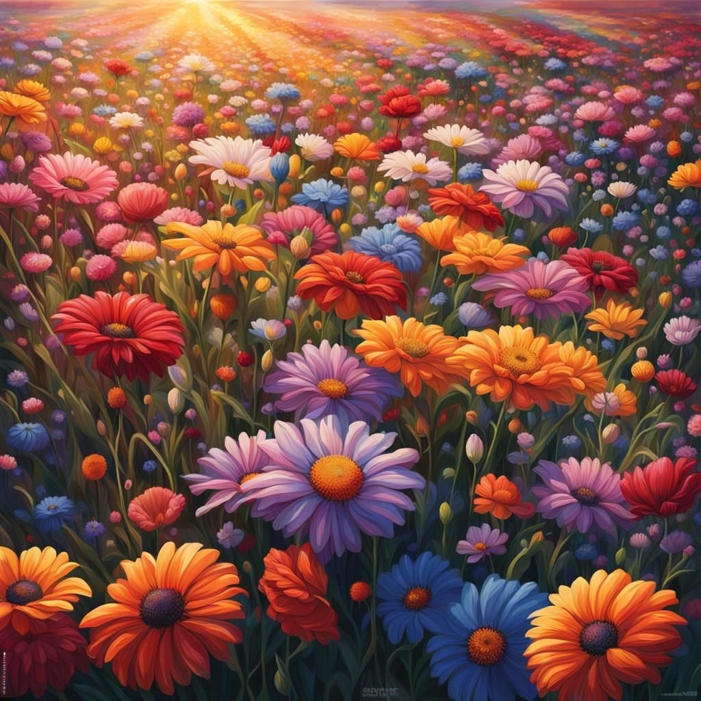 Hyperrealistic Flower Field in Splash Art Style