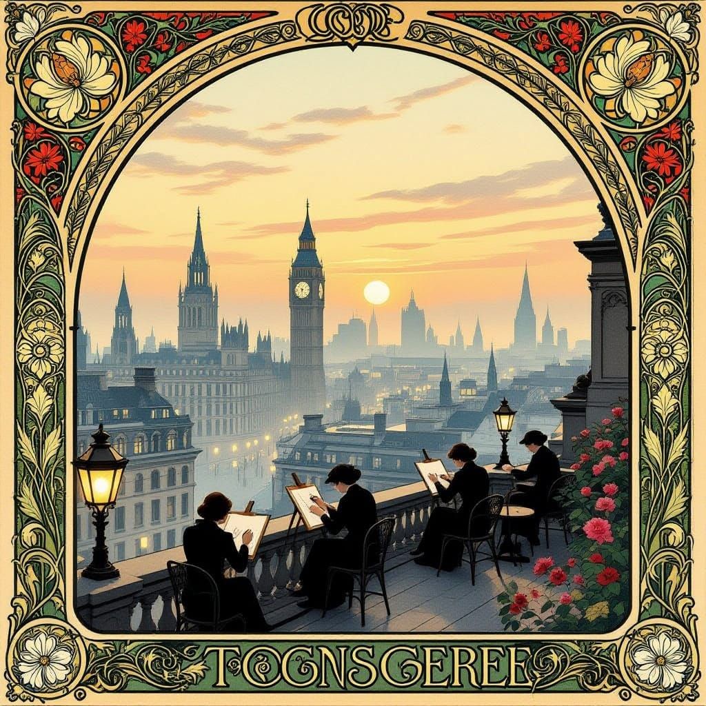 Art Nouveau London Cityscape at Dawn with Rooftop Artists