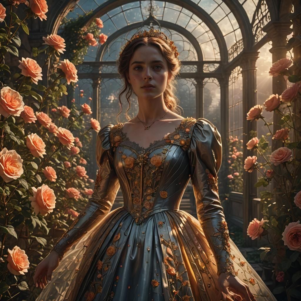 Victorian Woman tending Roses in Greenhouse