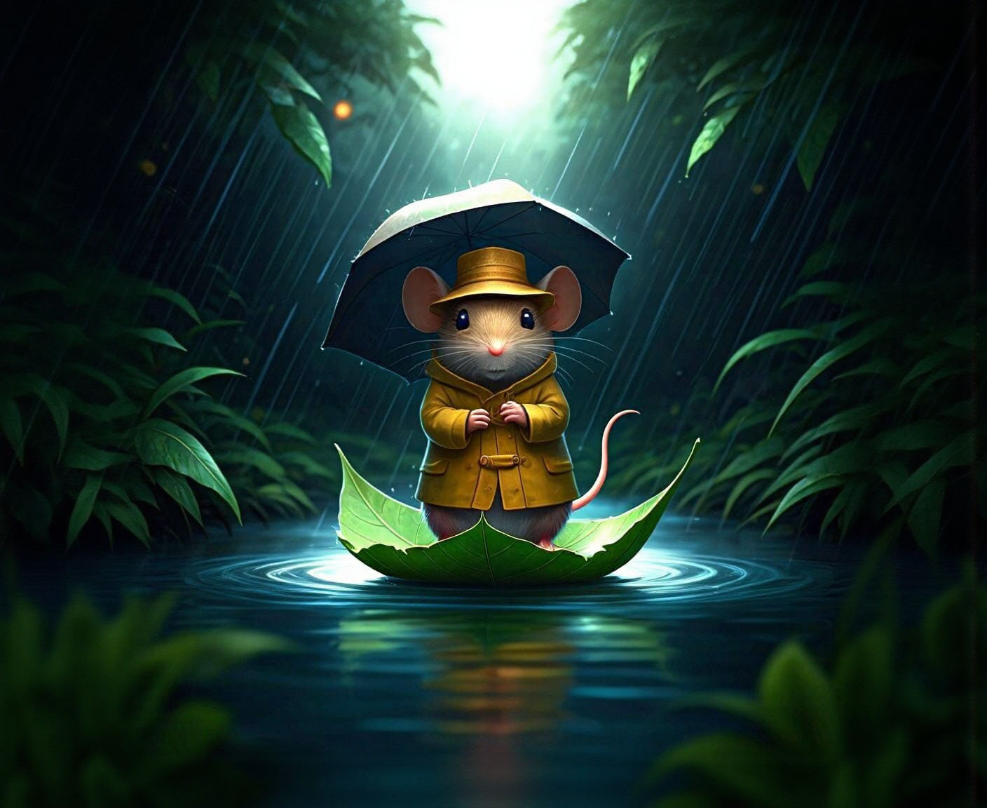 Mouse Sailing on Leaf Boat in Rainstorm