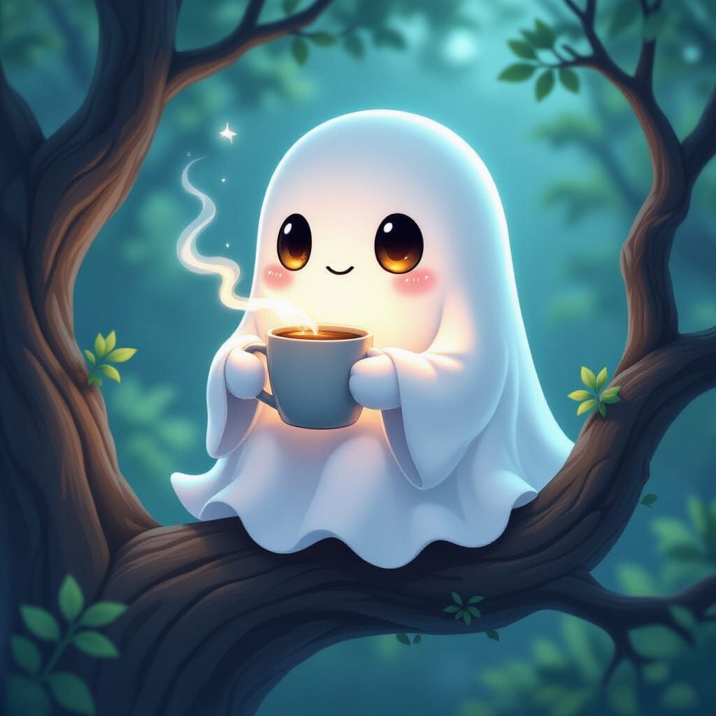 Cute Ghost Enjoys Coffee on Branch in Magical Style