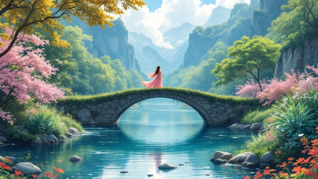 Anime Princess by River Bridge in Cel-Shaded Style