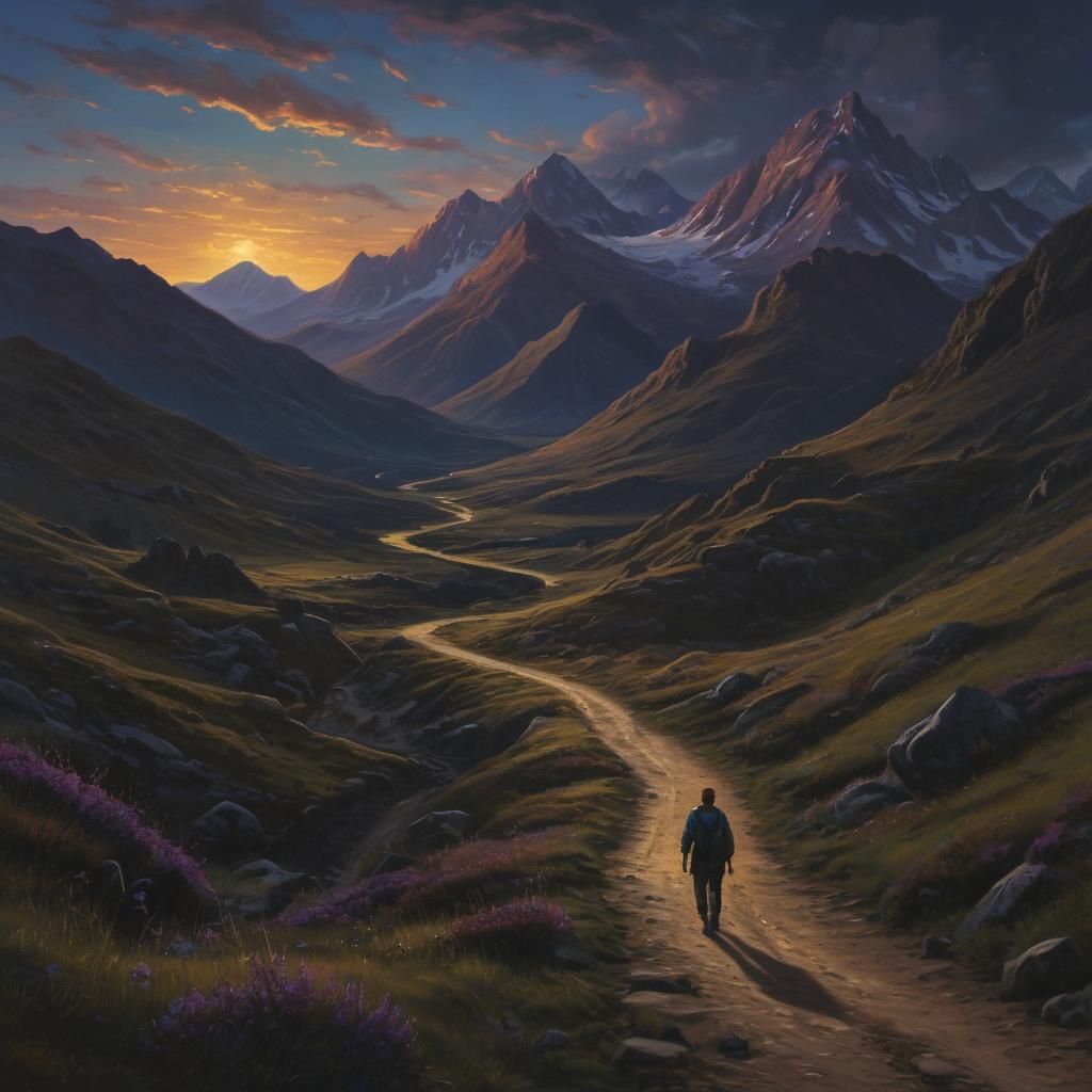 Epic Landscape Painting: Traveler on a Highland Path