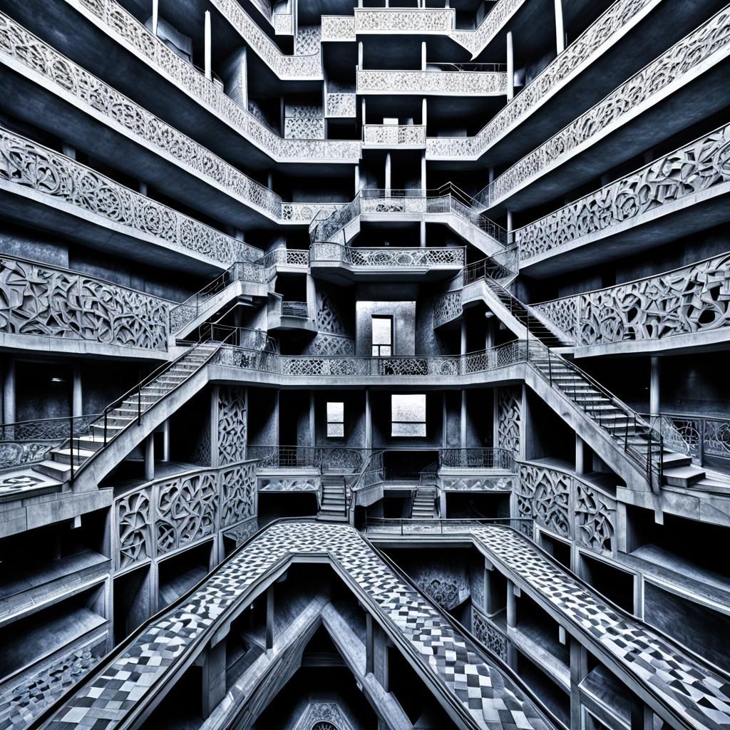 Non-Euclidean Escher Architecture in Hyperrealistic Style