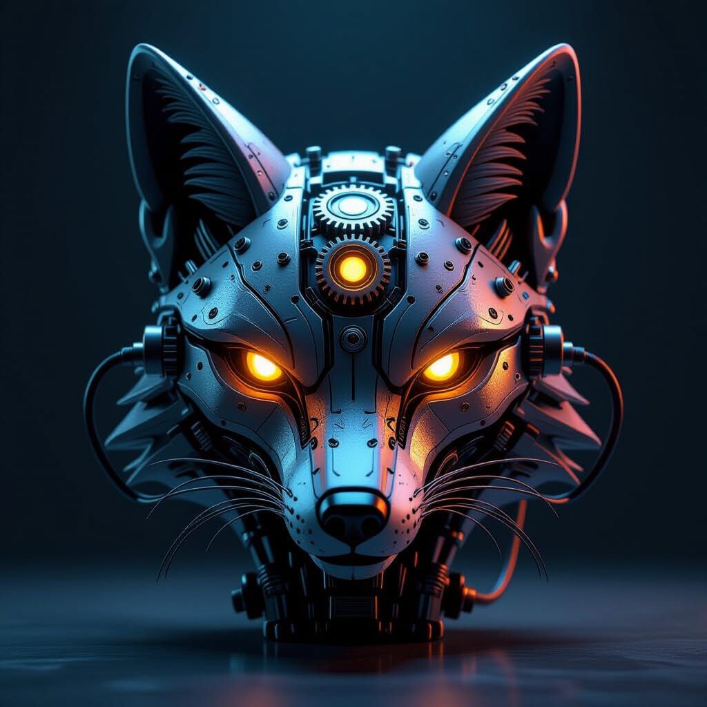 Realistic Mechanical Fox Head with Glowing Sensors