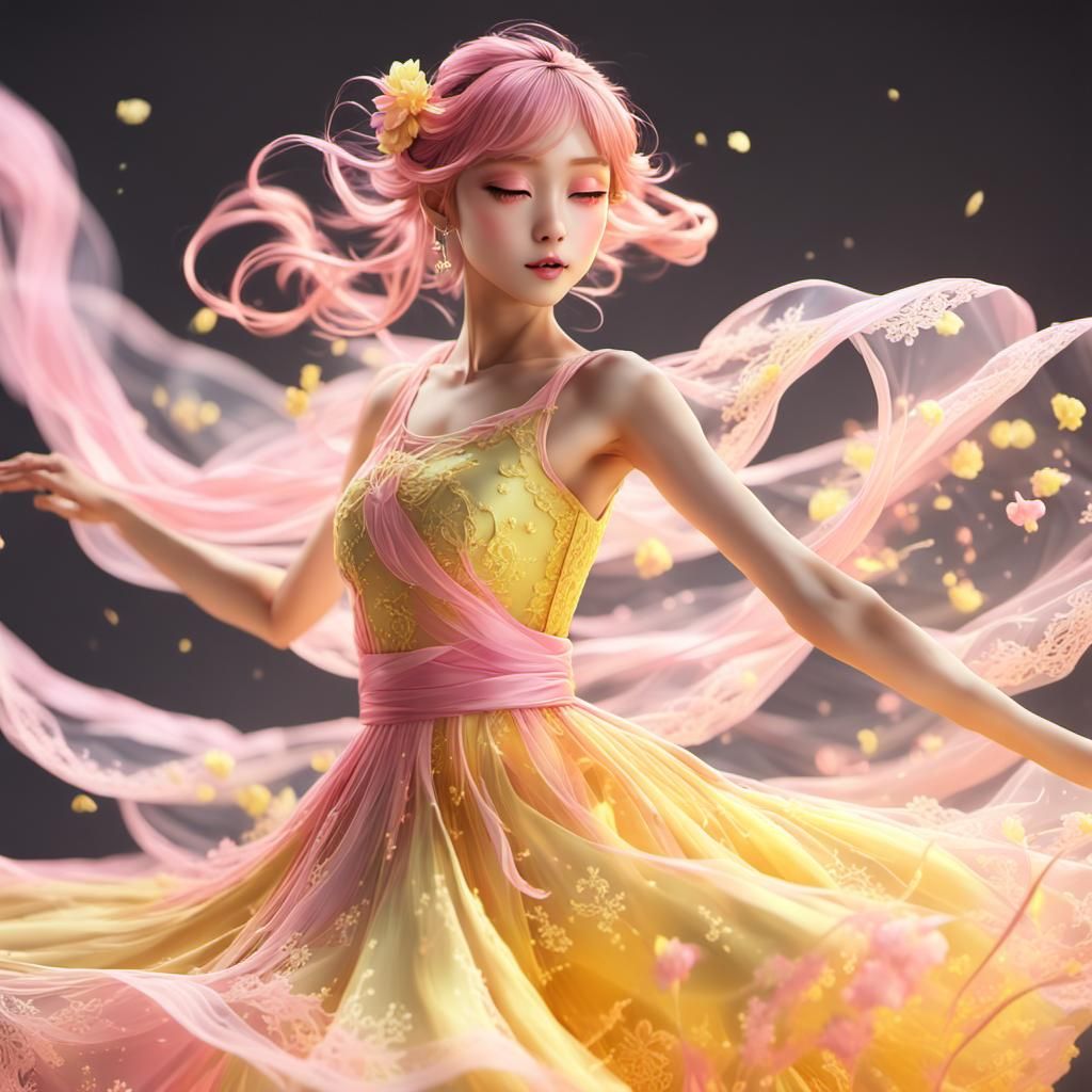 Anime Style Lady Dancing in a Swirling Dress