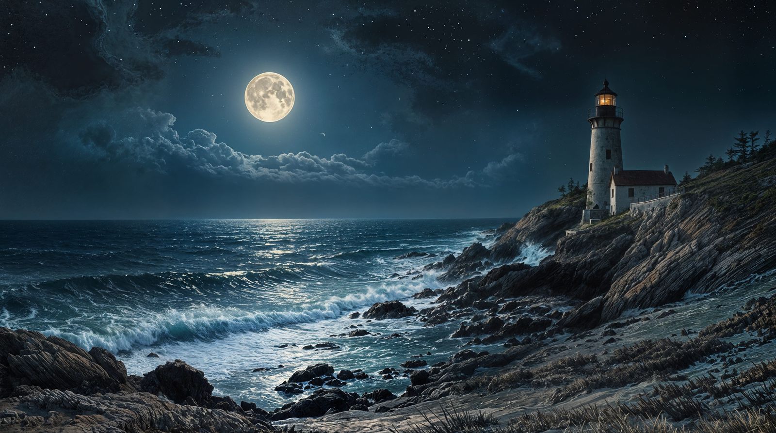 Romantic Night Coastline View from Lighthouse