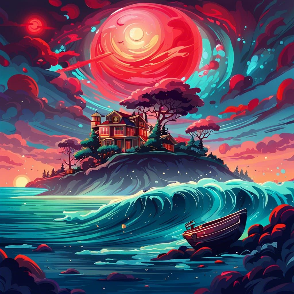 Ocean View with Red Moon and UFO in Graffiti Art